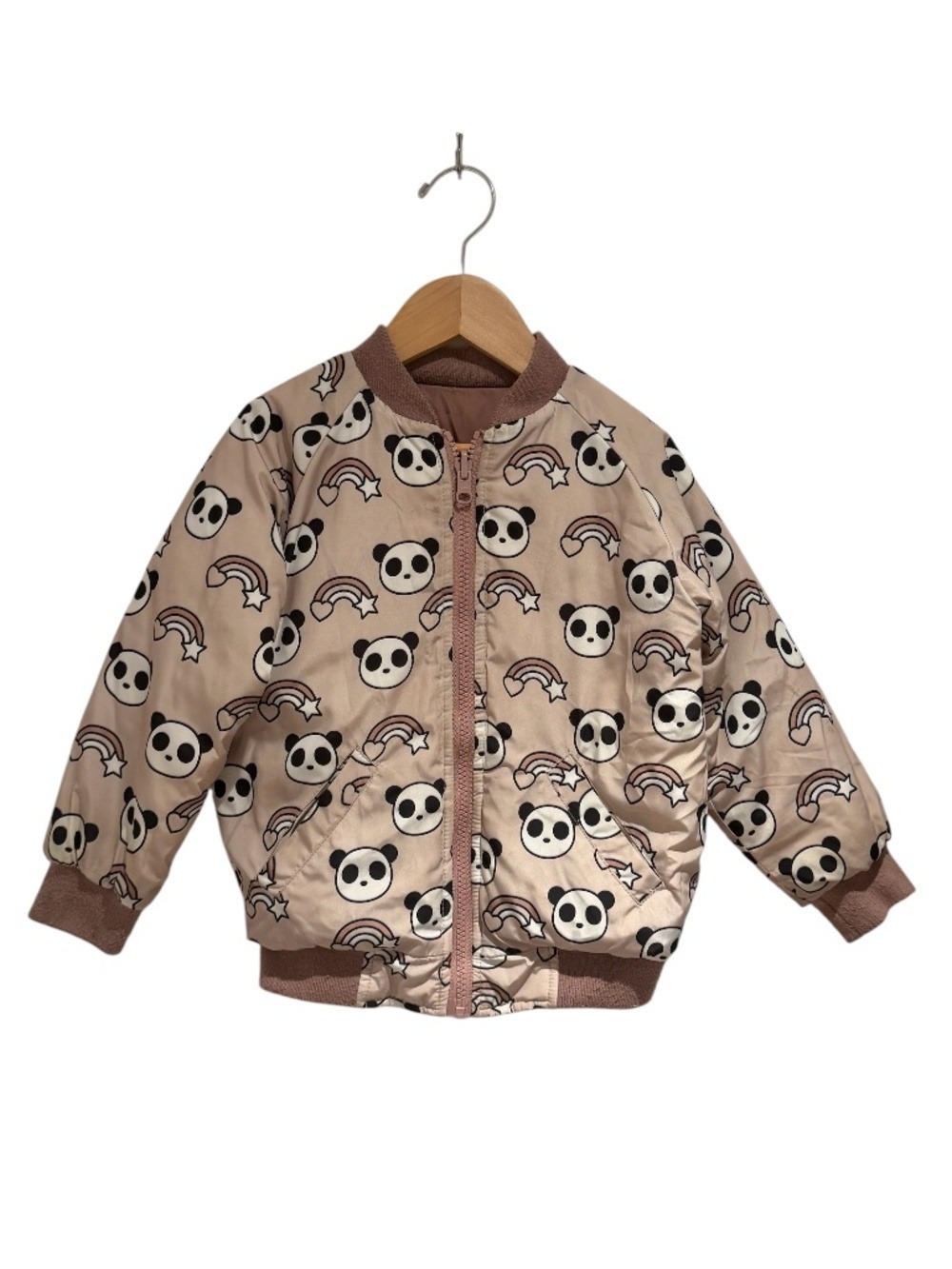 HUX reversible pink / panda & rainbow print padded bomber jacket - size 4